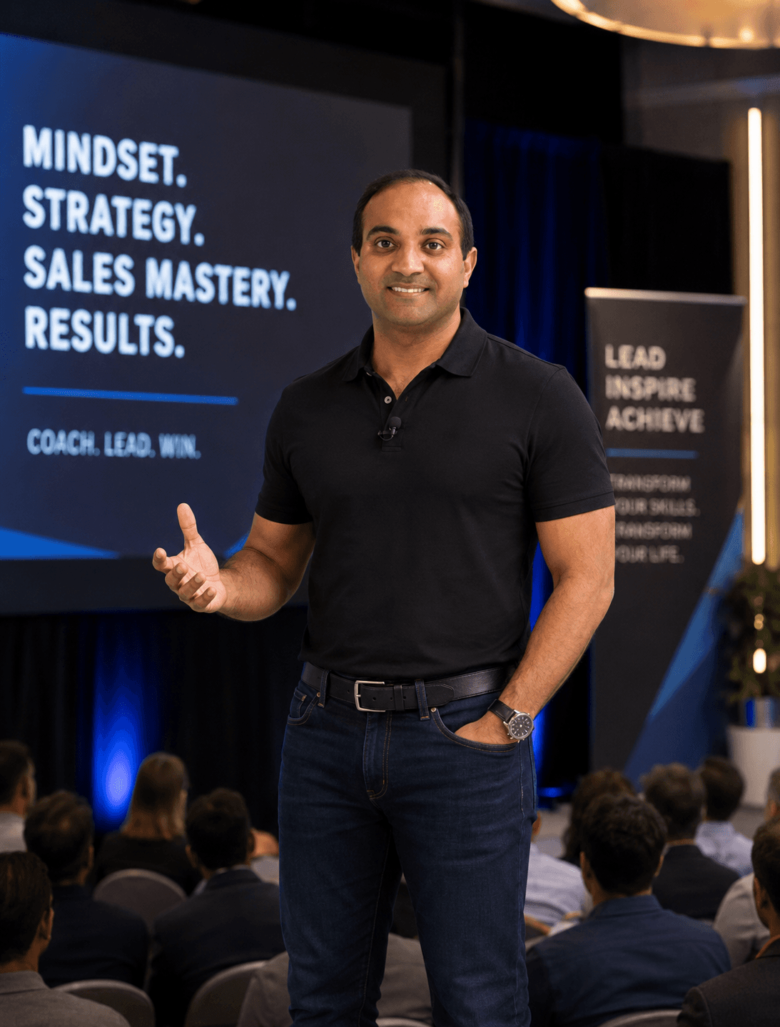 Ritesh Mani speaking on stage at a sales and leadership event